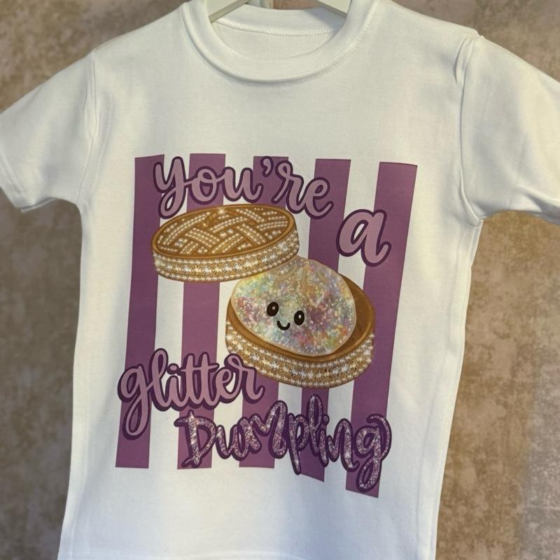 Glitter Dumpling T-Shirt for Children in Various Sizes 100% Cotton Fun Festive Design Perfect for Kids British Style
