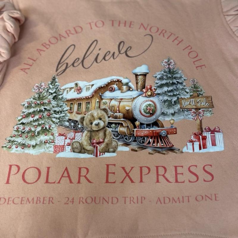 Young girls sweatshirt with frilly arms in a dusty pink with polar express themed