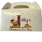 Cardboard party boxes in white with a personalised picture on the front perfect for a Christmas Eve box.
