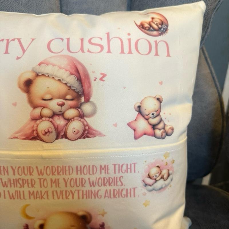 Personalised Worry bear pocket cushion with the choice to add on the bear. Anxiety bear, support bear cushion. Personalised cushion
