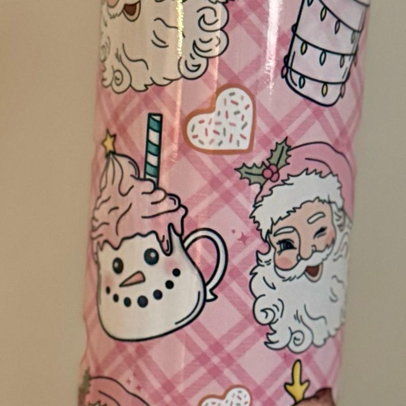 Pink Santa Themed 20oz Tumbler with Flat Lid and Straw - Festive Design for Christmas Drinks Drinkware Flasks Insulated Portable Water Bottles Mug Bottled
