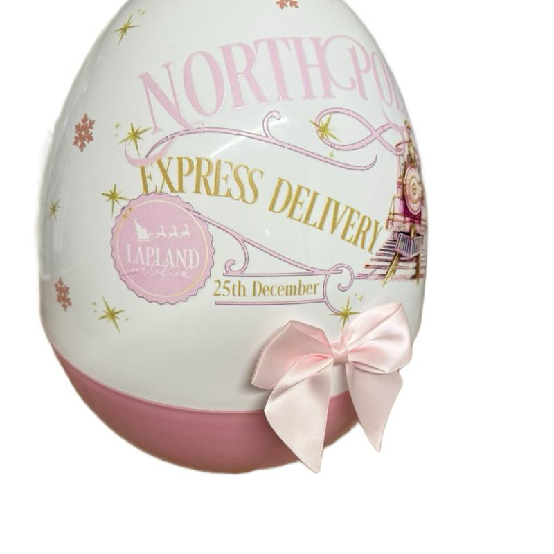 Northpole Express Delivery Personalised Christmas themed Jumbo Plastic Egg with Lapland Design & Pink Bow
