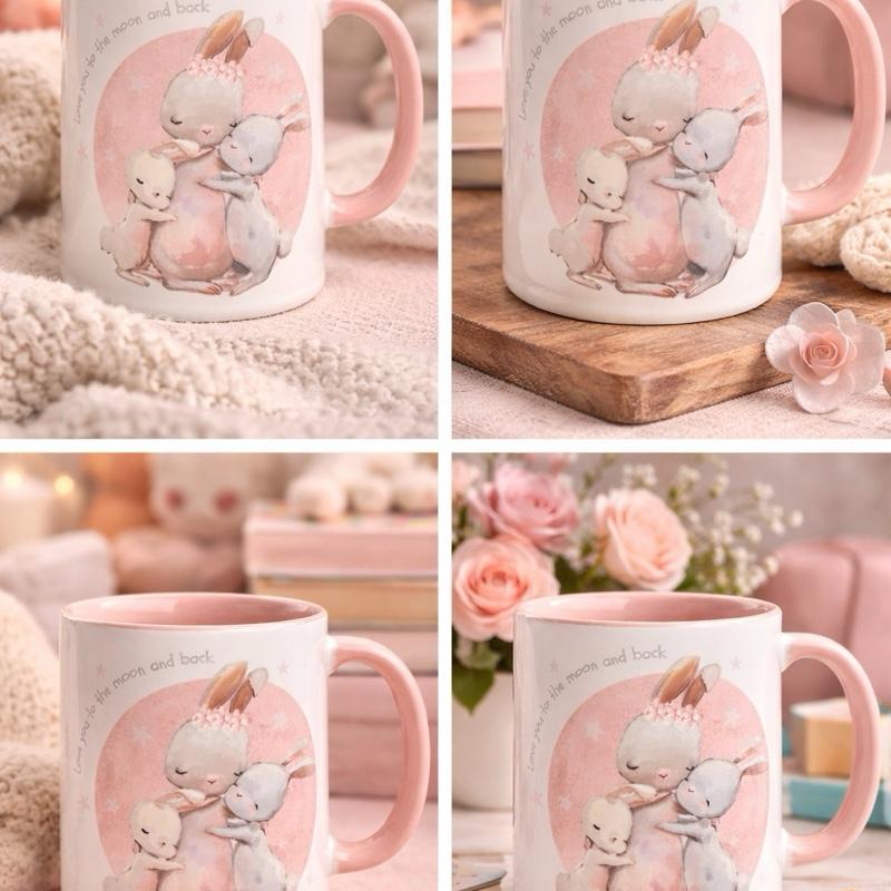 Love You to the Moon and Back Mug with Pink Handle Perfect Mother's Day Gift Featuring Adorable Bunny Design