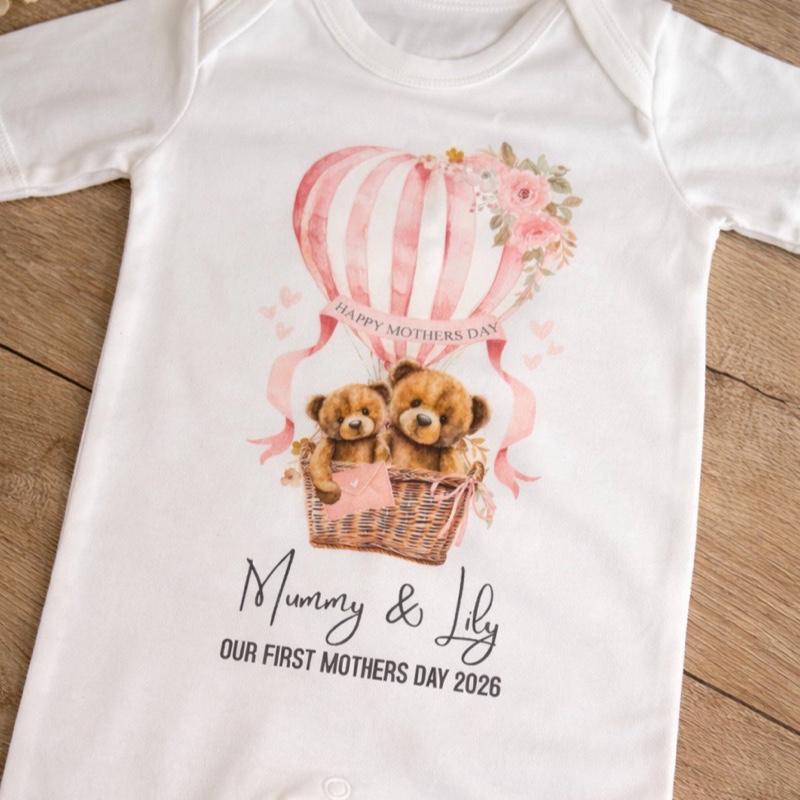 First Mother's Day Personalised Baby Grow Baby Romper with Teddy Bears Design Can Be Customised with Any Names