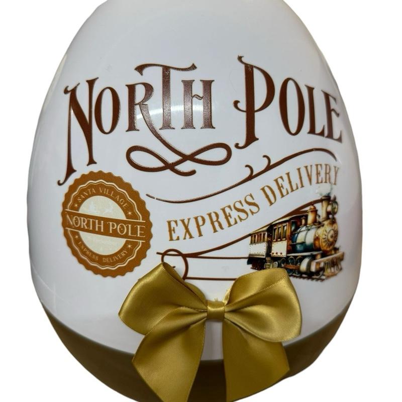 Personalised Gold North Pole 16inch Christmas Fillable Egg with Express Delivery Train Design and Gold Bow