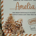 Gold personalised Christmas nice list certificate with Teddy bear on Gift Decor Decoration