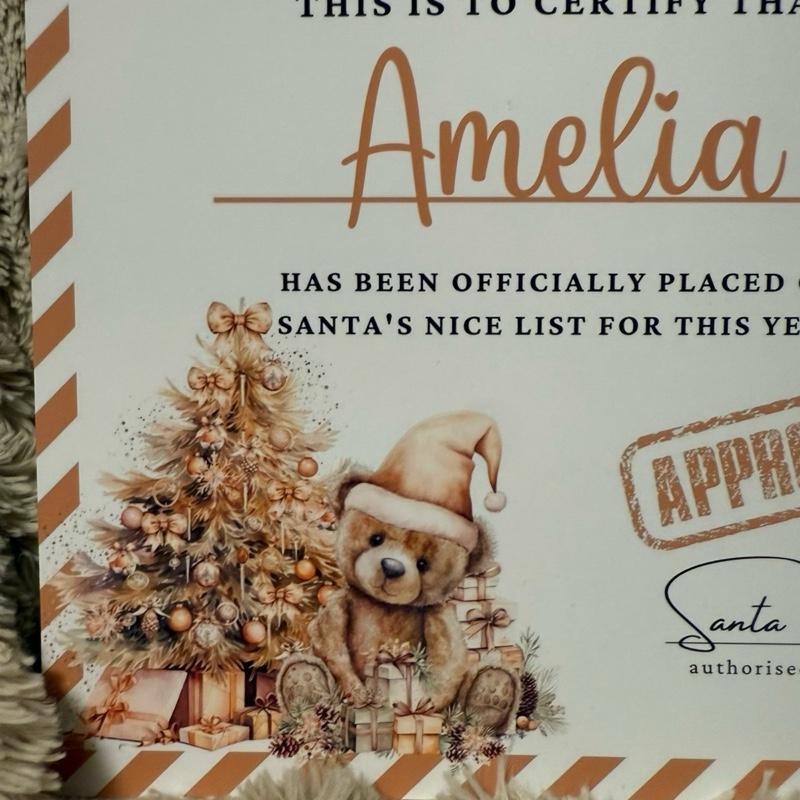 Gold personalised Christmas nice list certificate with Teddy bear on Gift Decor Decoration