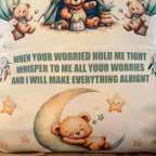Personalised green worry bear pocket cushion, pillow. Option to include insert and teddy bear