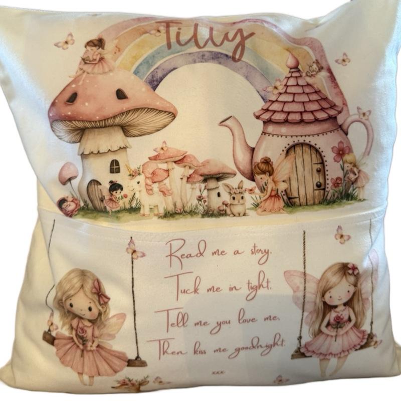 Personalised fairy pocket cushion, pillow. Would look beautiful in any little girls room. 40x40. Option to add on insert and plush
