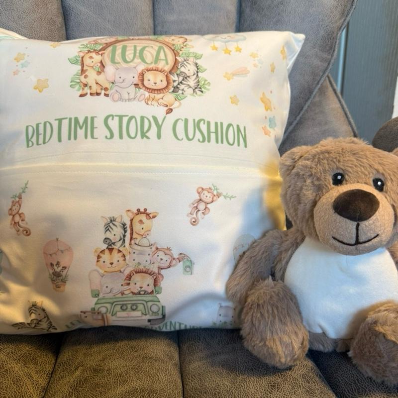 Personalised Bed time story let’s go on an adventure pocket cushion. Safari cushion, nursery cushion, pillow