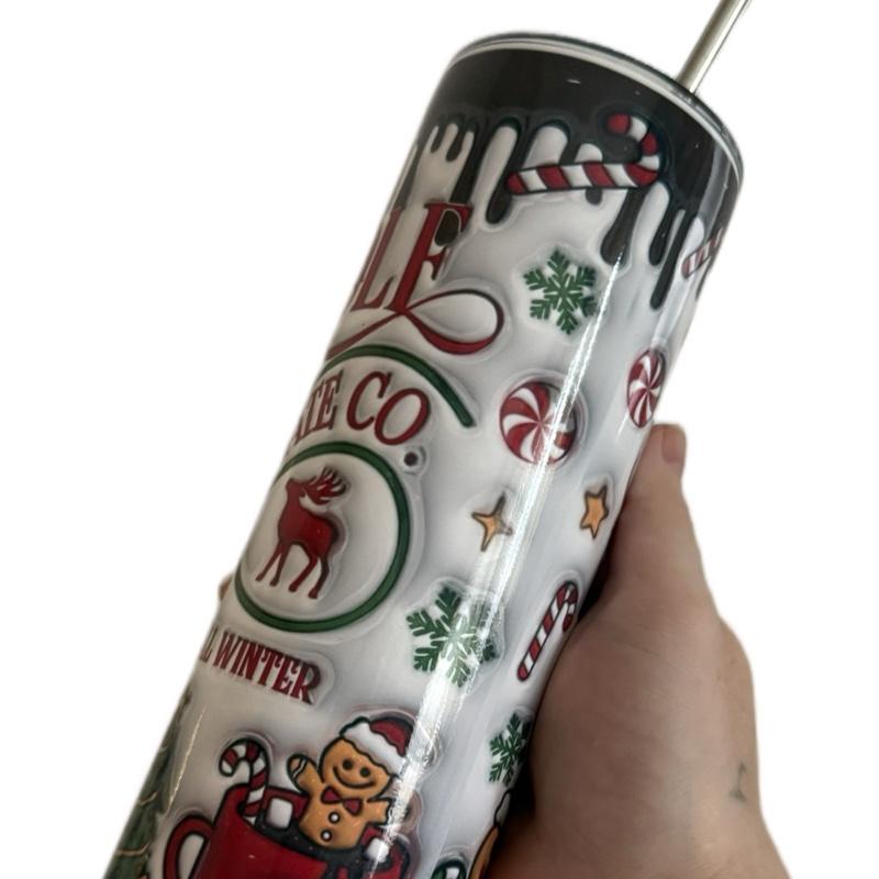 20oz North Pole hot chocolate tumbler with flat lid and straw Drinkware Flasks Beverage Insulation Bottles Water Bottles Portable Mug