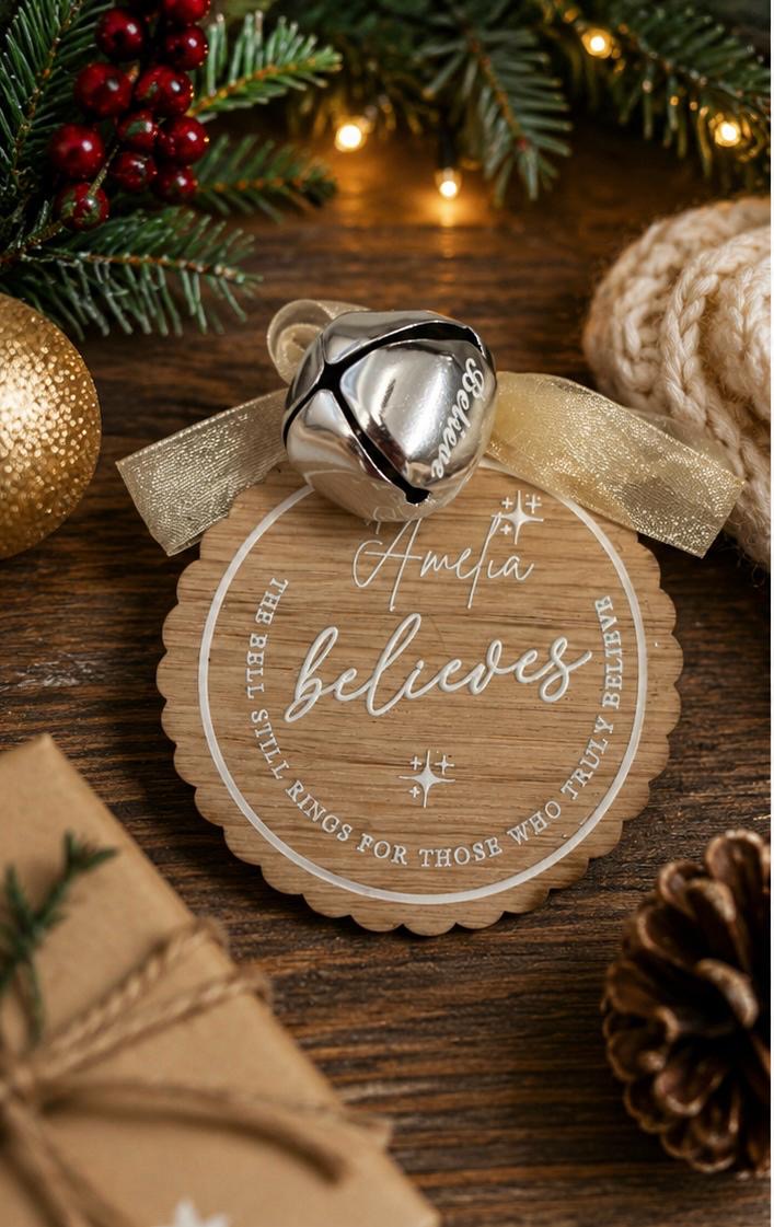 Personalised Christmas Believe Bell | Wooden Christmas Eve Keepsake Decoration