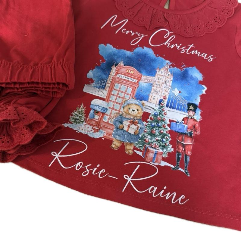 Girls children’s Red Christmas pyjamas London bear themed personalised