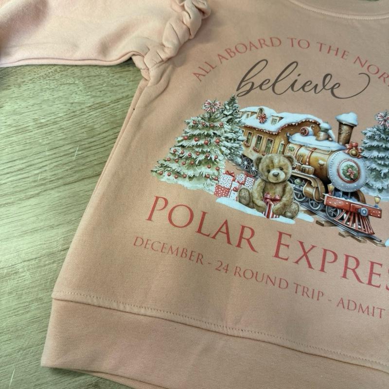Young girls sweatshirt with frilly arms in a dusty pink with polar express themed
