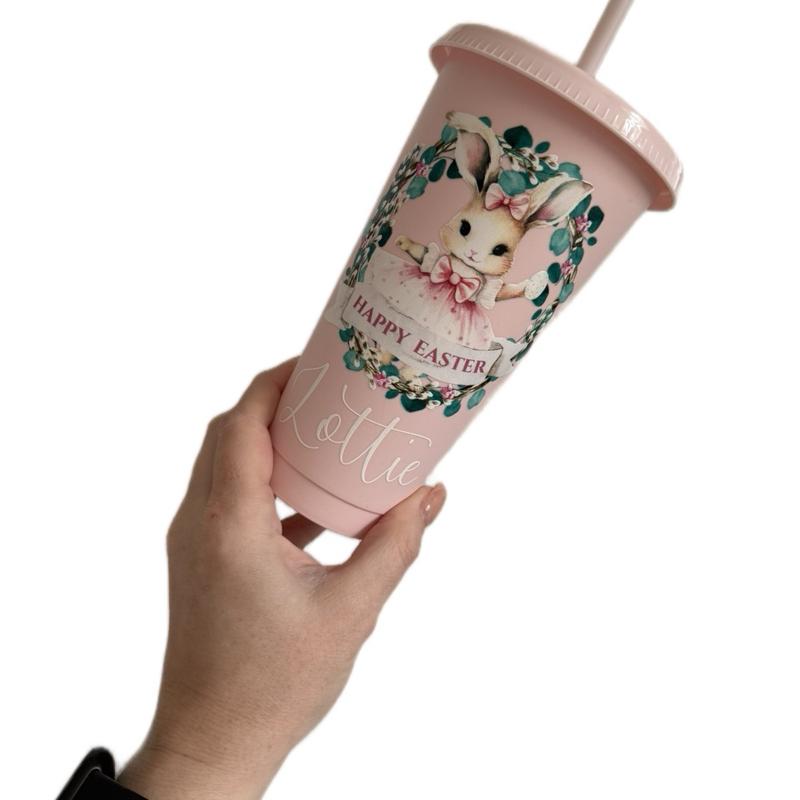 Easter Bunny Themed Cold Cup Personalised with Name Available in 2 Colours and 2 Sizes Perfect for Easter Celebrations