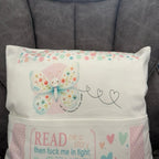 Cute personalised butterfly pocket book cushion. Children’s reading cushion. Cute nursery cushion
