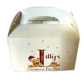 Cardboard party boxes in white with a personalised picture on the front perfect for a Christmas Eve box.