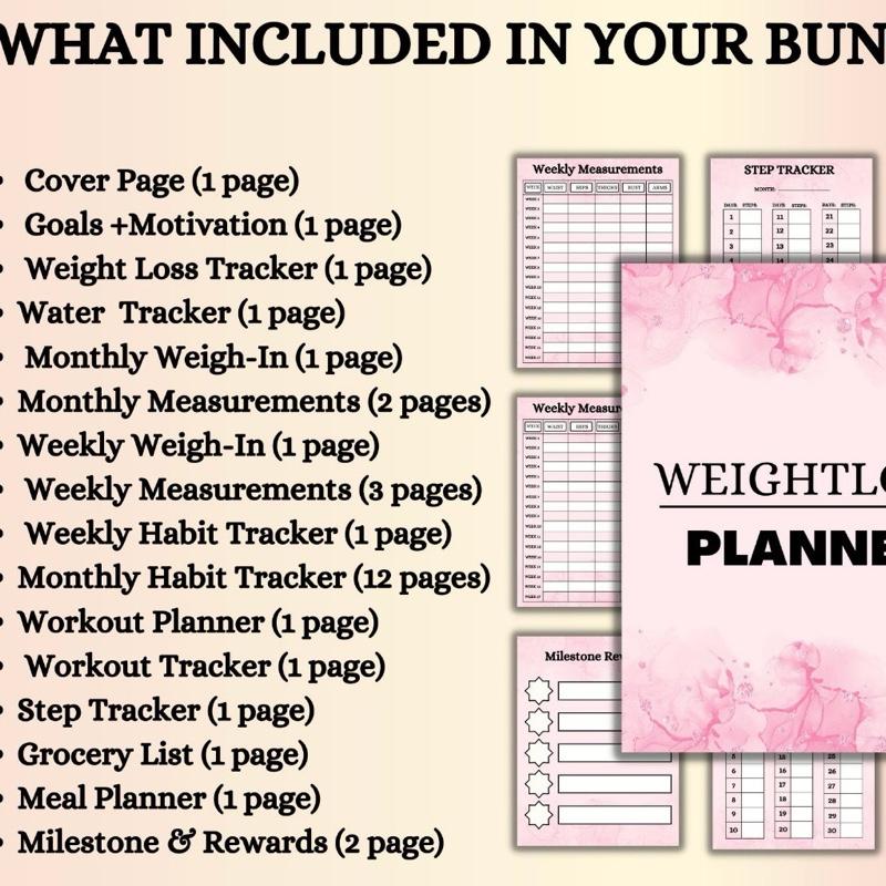 weight loss planner/journal with 15 different pages included to keep you on track