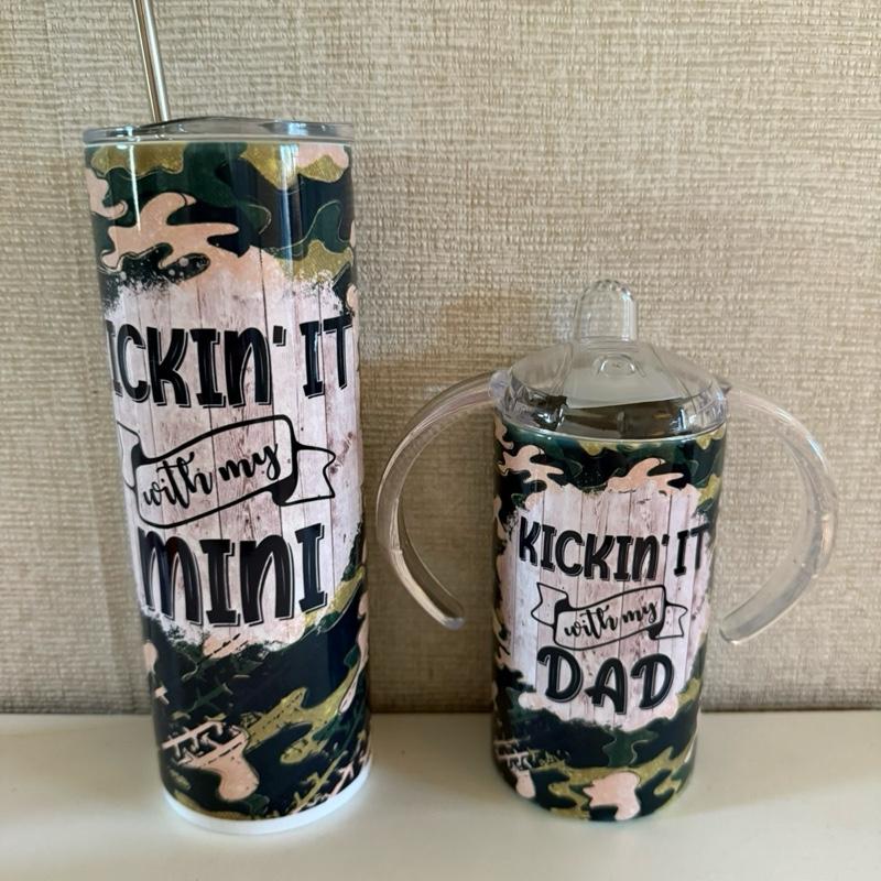 Hot and cold drinks, water insulated, double walled tumbler and sippy cup. Matching father and son. With straw and lid. BPA free Drinkware Flasks Bottles Bottled Portable. Camo design