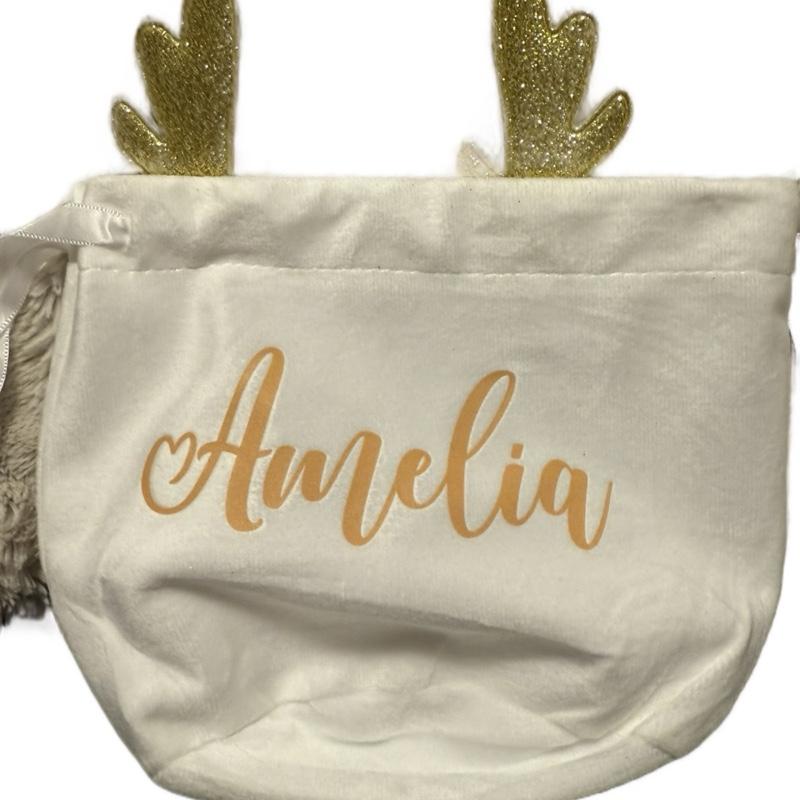 Christmas Velvet White Gift Bag with Reindeer Ears Personalised with Name