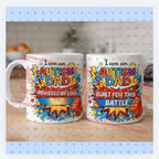 Autism Dad Fighting Battles You Can't See Mug with Red Interior and White Exterior Featuring Bold Text and Star Design, sen children parents, 11oz ceramic mug, Father’s Day gift, gifts for dads Drinkware Cup Reusable Washable Reuse Coffee