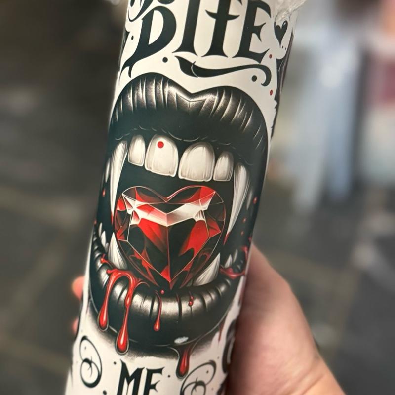 20oz tumbler vampire bite me themed with lid and straw for hot and cold drinks