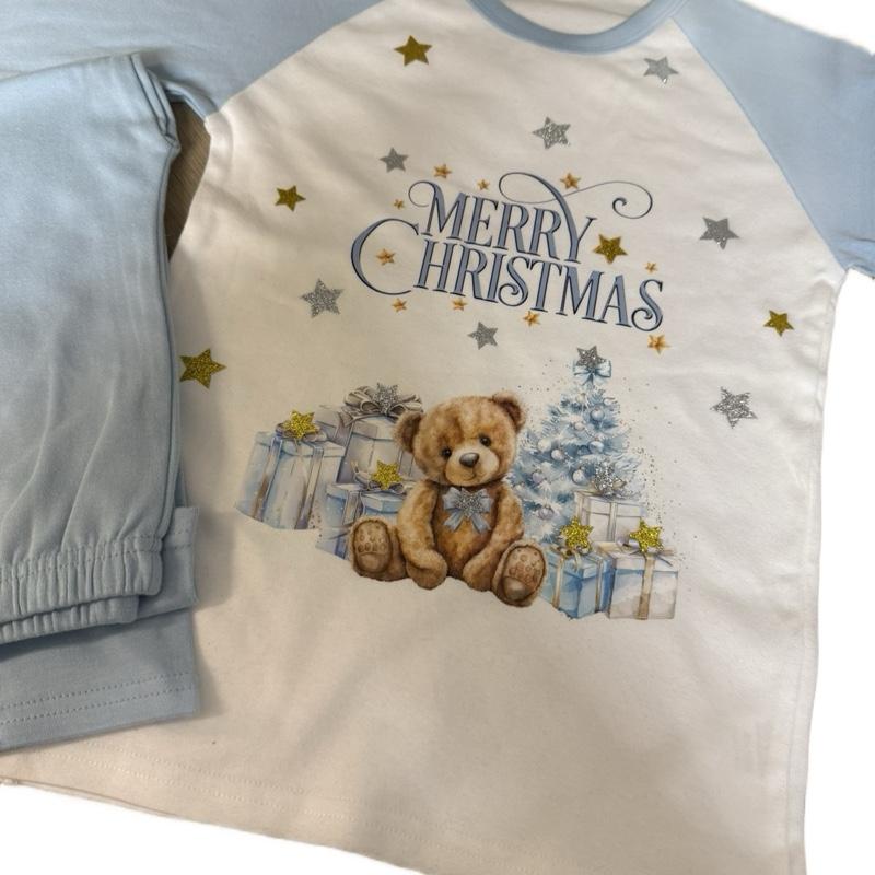 Blue and White Young Boys Christmas Pyjamas with Personalisation Option Featuring a Cute Teddy Bear Design kids