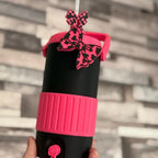Personalised 500ml can holder/can cooler in pink and black with straw topper and can opener