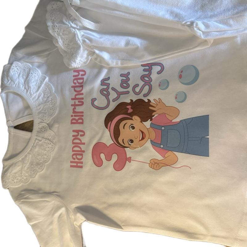 Happy Birthday Can You Say 3 Pyjamas with Frill Neck and Ankles for Kids Featuring a Cute Cartoon Design