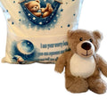 Personalised blue worry bear pocket cushion, pillow. Option to add on insert and teddy