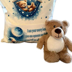Personalised blue worry bear pocket cushion, pillow. Option to add on insert and teddy