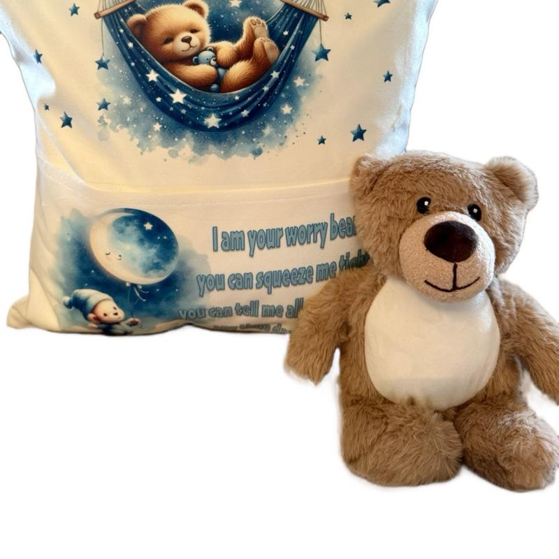 Personalised blue worry bear pocket cushion, pillow. Option to add on insert and teddy