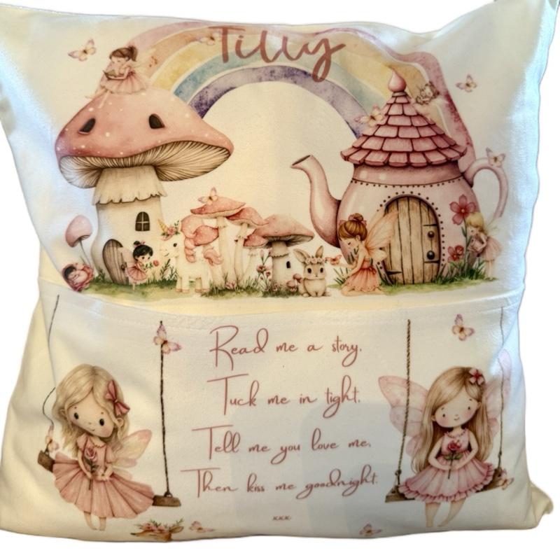 Personalised fairy pocket cushion, pillow. Would look beautiful in any little girls room. 40x40. Option to add on insert and plush