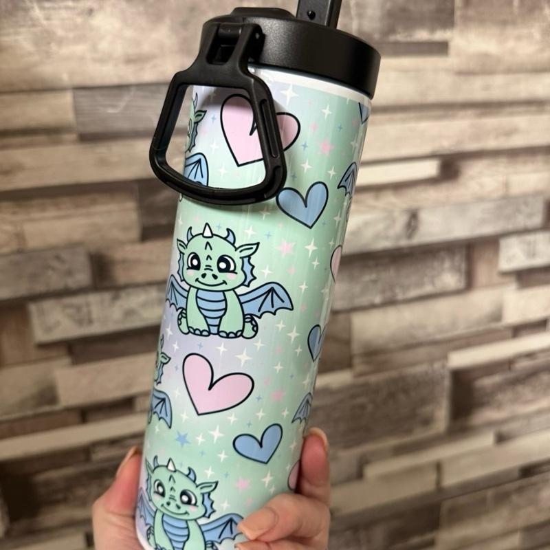 Personalised Cute 20oz dragon tumbler with two different lids available, a flip up lid and a lid and straw  for hot and cold drinks