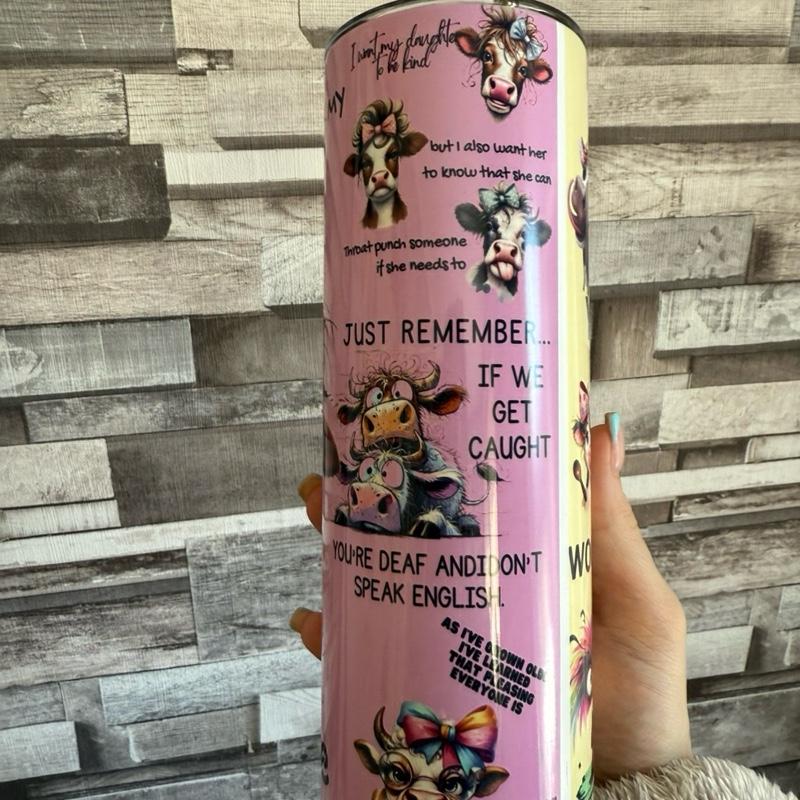 I Was Told To Check My Attitude - Pink 20oz Tumbler with Cartoon Cow Design - Perfect for Daily Use, with lid and straw for hot and cold drinks