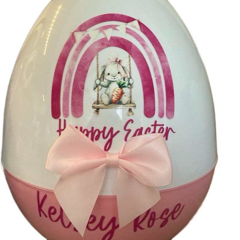 Personalised 16 inch Jumbo Plastic Storage Egg with Ribbon Bow and Bunny Design Perfect for filling with Easter Gifts