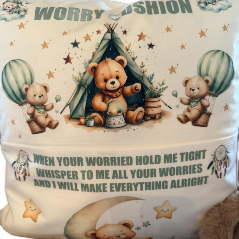 Personalised green worry bear pocket cushion, pillow. Option to include insert and teddy bear