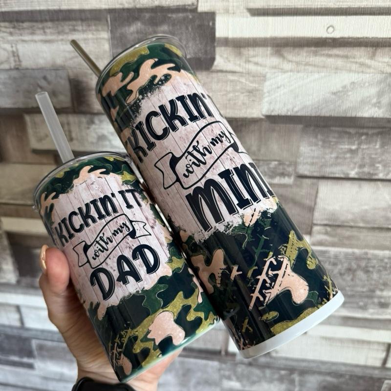 Hot and cold drinks, water insulated, double walled tumbler and sippy cup. Matching father and son. With straw and lid. BPA free Drinkware Flasks Bottles Bottled Portable. Camo design
