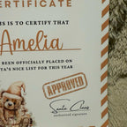 Gold personalised Christmas nice list certificate with Teddy bear on Gift Decor Decoration