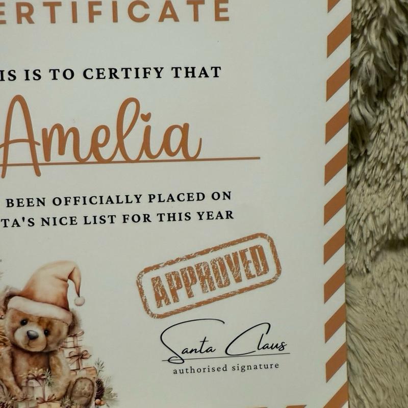 Gold personalised Christmas nice list certificate with Teddy bear on Gift Decor Decoration