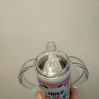 12oz insulated double walled sippy cup/tumbler for hot and cold drinks. With handles, 2 lids one sippy lid and one lid to use with straw that’s also included