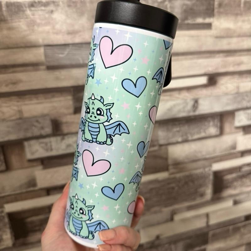 Personalised Cute 20oz dragon tumbler with two different lids available, a flip up lid and a lid and straw  for hot and cold drinks