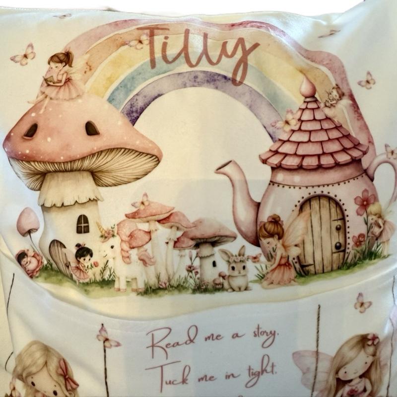 Personalised fairy pocket cushion, pillow. Would look beautiful in any little girls room. 40x40. Option to add on insert and plush