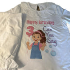 Happy Birthday Can You Say 3 Pyjamas with Frill Neck and Ankles for Kids Featuring a Cute Cartoon Design