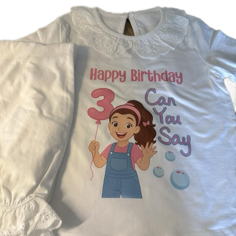 Happy Birthday Can You Say 3 Pyjamas with Frill Neck and Ankles for Kids Featuring a Cute Cartoon Design