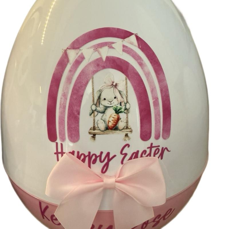 Personalised 16 inch Jumbo Plastic Storage Egg with Ribbon Bow and Bunny Design Perfect for filling with Easter Gifts