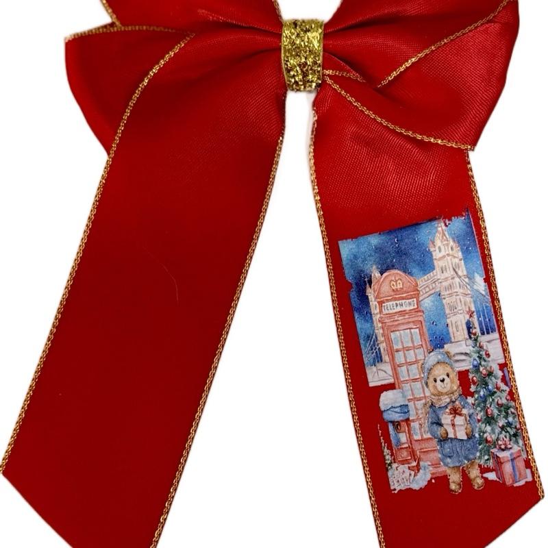 6inch Personalised Hair Bows with Sliding Clip on the Back - Gold Trim & Christmas Design