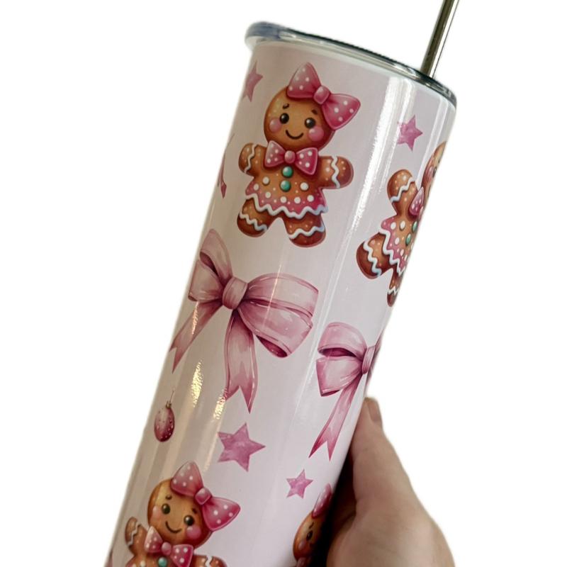 Pink gingerbread double walled insulated tumbler 20oz with flat lid and straw and sippy cup 12oz  Drinkware Bottles Flasks Insulation Mug Bottled Portable
