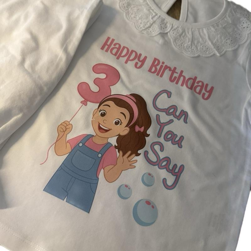 Happy Birthday Can You Say 3 Pyjamas with Frill Neck and Ankles for Kids Featuring a Cute Cartoon Design