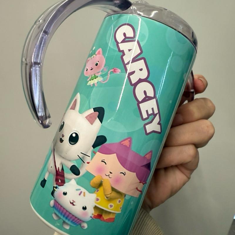 Personalised Doll House 12oz Sippy Cup with Two Lids for Dual Use as Cup with Lid and Straw Featuring Adorable Cat and Girl Design